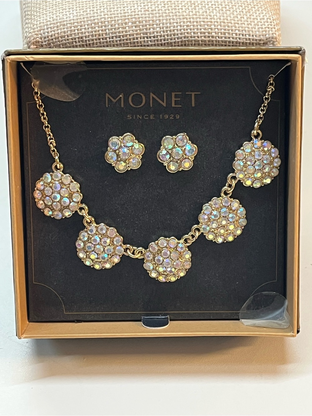 Monet Gold-tone Floral Crystal Necklace and Stud Earrings — Iridescent